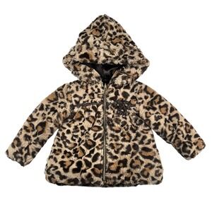 Girls Pistachio Sz 2T Reversible Leopard Plush and Brown Puffer Jacket Hoodie